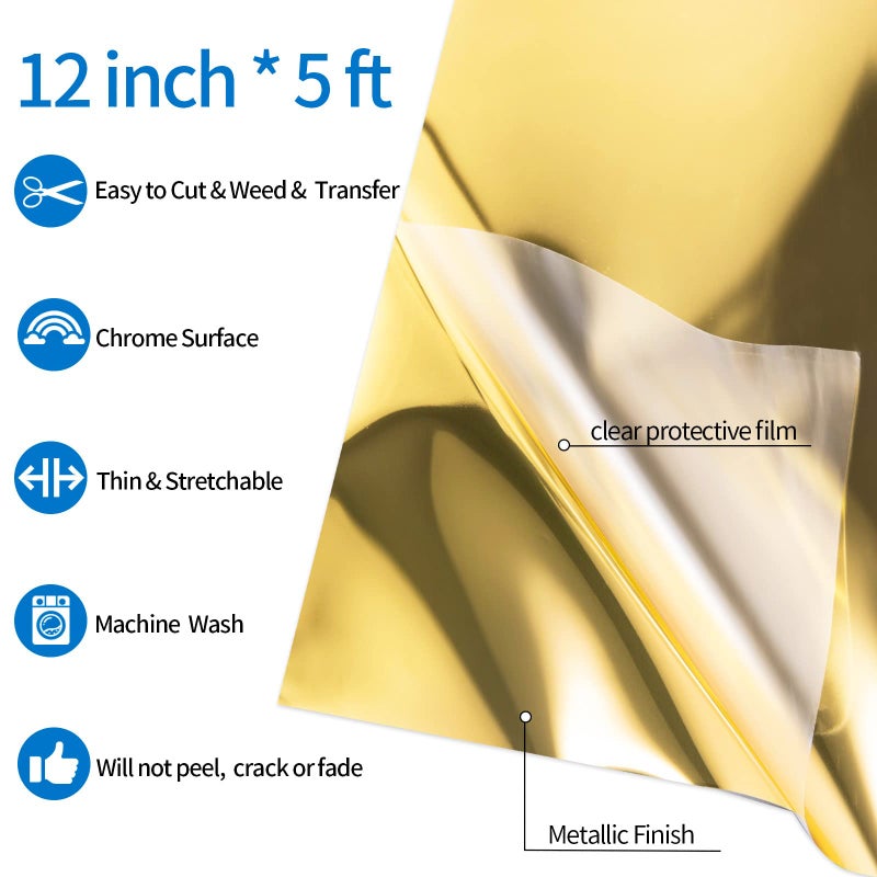 VINYL FROG Metallic Foil HTV Vinyl Roll 12""x5ft Gold Heat Transfer Vinyl Chrome Iron on Vinyl Easy to Cut & Weed DIY Heat Press Design for T-Shirts - Image 2